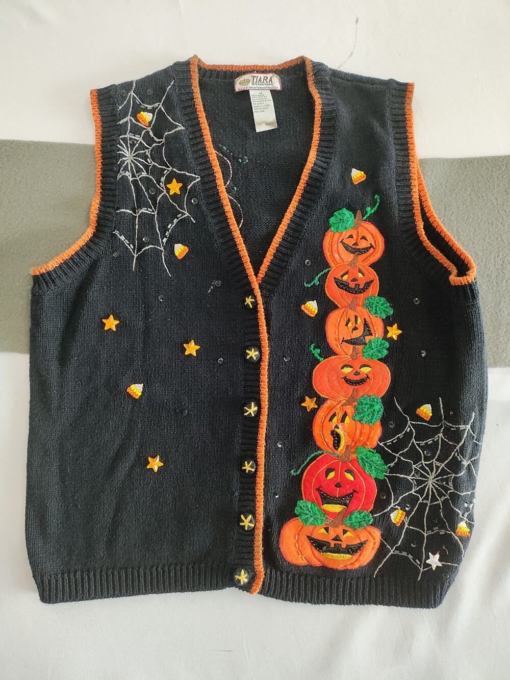 Tiara International Women's Vintage “UGLY” Halloween Sweater Vest Pumpkin Medium